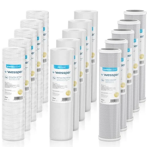 Offerta a tempo: Wessper Set 15x Cartuccia Filtro Acqua 10 ''| Filtro Acqua - 5 Filtro a Corda 5 Filtro a Schiuma 5 Blocco di Carbone Attivo | Cartucce Filtro per Osmosi Inversa Compatibile con Tutti Sistemi da 10" - 0.00% da 33.99 € a 33.99 €
