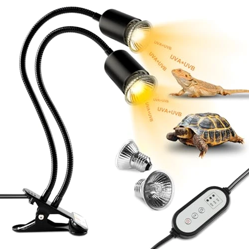Offre limitée : testyu Lampe Chauffante Tortue à Deux Têtes, 25W+50W Reptiles Lampe Tortue Terrestre E27 UVA+UVB Lampe Tortue Terrestre avec 2 Ampoule Basking Spot et Minuterie pour Reptiles (Noir) de 25.99 € à 25.99 € (0.00% de remise)