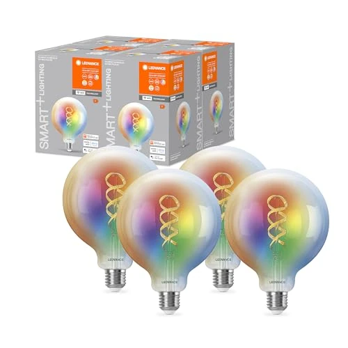 LEDVANCE Bombilla LED WIFI SMART+, transparente, 4,8 W, 470 lm, forme de globe, diamètre 125 mm, douille E27, lumière multicolore et blanche, réglable, application ou commande vocale, lot de 4