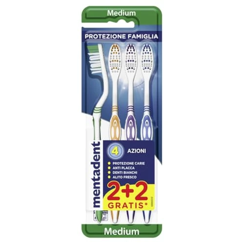 Tijdelijke aanbieding: Mentadent Medium tandenborstel met 4 acties, 1 verpakking met 4 tandenborstels van 7.05 € naar 7.05 € (0.00% korting)