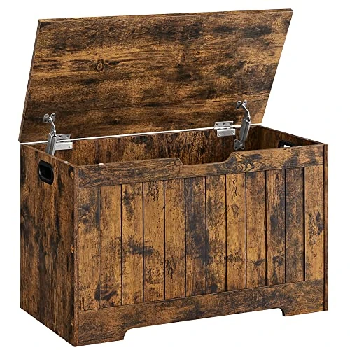 VASAGLE LHS011T01 Coffre de Rangement avec 2 charnières de sécurité Style Rustique 40 x 76 x 48 cm pour Couloir, Chambre à Coucher, Salon Marron Rustique