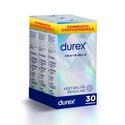30 Durex onzichtbare condooms extra dun voor meer gevoeligheid, Big Pack transparant en gesmeerd, doos met 30 profylactische middelen