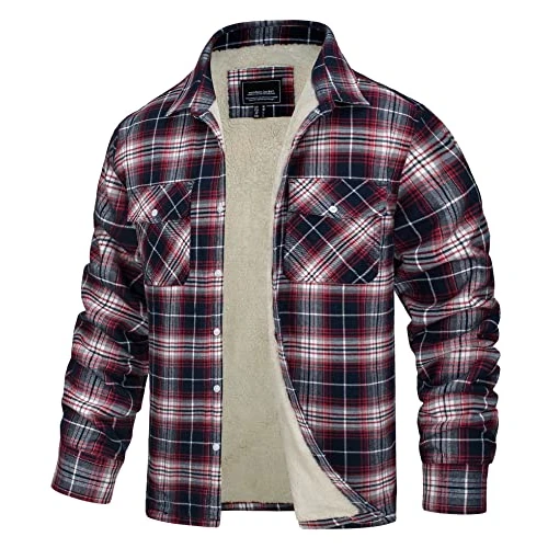TACVASEN Herren Hemden Langarm Jacket Winter Karohemden Thermo Shirts Herrenhemden für Männer Freizeit, Rot-Weiß, M