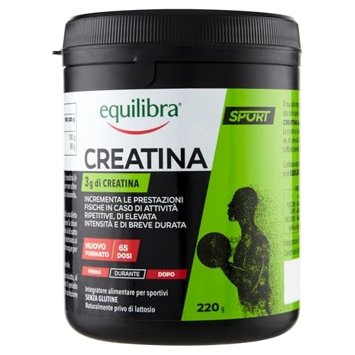 Offerta a tempo: Equilibra Integratori Alimentari, a Base di Creatina, Integratore Energia per Sportivi, Incrementa le Prestazioni Fisiche in Caso di Attività Ripetitive, Senza Glutine, Barattolo 220 g - 29% da 13.99 € a 9.89 €