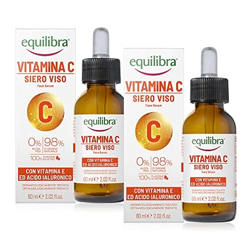 equilibra Vitamin C Facial Serum with Vitamin E, Hyaluronic Acid and Aloe Vera, Brilliance & Freshness, Suitable for Sensitive Skin, Non-Oily, Fast Absorption 2 Pack 60ml