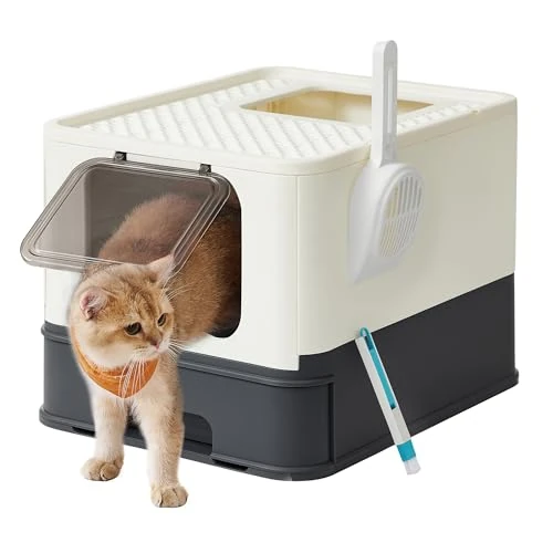 Feandrea Arenero para Gatos, Caja Arena con Bandeja Extraíble, Pala, Cepillo, Espacioso para Gatos Grandes, Carga de 15 kg, Antifiltración, Antiescapes, Beige y Negro PPT001W01