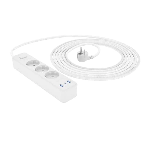 Amazon Basics - Multipresa a 3 Vie con Protezione da Sovratensioni, 3 Porte USB (1 USB-C, 2 USB-A), Prolunga, Cavo da 1,5m, 1050J, Bianco