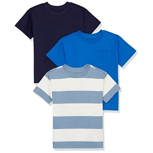 Offerta a tempo: Amazon Essentials T-Shirt a Maniche Corte Stile Moderno Unisex Bambini e Ragazzi, Pacco da 3, Bianco Righe da Rugby/Blu Marino Scuro/Bluette, 8 Anni - 60% da 32.20 € a 12.75 €