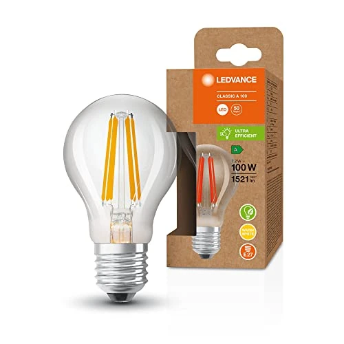 LEDVANCE Bombilla de ahorro de energía, bombilla de filamento, E27, blanco cálido (3000K), 7,2 vatios, sustituye a la bombilla de 100W, altamente eficiente y de ahorro de energía, paquete de 1