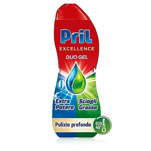 Offerta a tempo: Pril Excellence Duo Gel, Detersivo lavastoviglie Gel, Azione Sciogligrasso, Formato singolo da 45 Lavaggi - 17% da 7.99 € a 6.65 €