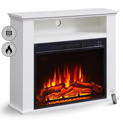 BALDERIA Frida EF447A-MT447B-W elektryczny kominek stojący z dodatkową komorą i ogrzewaniem, 2000 W, realistyczny efekt płomienia 3D, pilot zdalnego sterowania, timer, termostat – biały