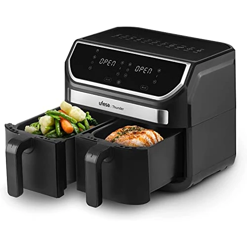Oferta limitada: Ufesa Thunder Freidora de Aire sin Aceite con 2 Cubetas, 9L (4,5L + 4,5L), 11 Programas, 1700W, Control Digital, Temporizador, Temperatura 80ºC - 200ºC, Anti-Adherente, Exclusivo Amazon de 147.89 € a 119.99 € (ahorro 18.87%)