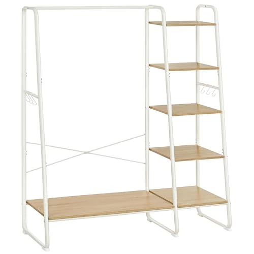 VASAGLE Burro Perchero, Perchero con Zapatero, 5 Estantes de Almacenamiento, 6 Ganchos Laterales, Dormitorio, Sala de Estar, Pasillo, Diseño Industrial, Roble y Blanco Mate RGR116W09