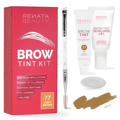 Renata Beauty Kit Tinta Sopracciglia - Set per la colorazione di sopracciglia - Kit tinta 3 in 1 con colore, attivatore, pennello - fino a 30 utilizzi [Marrone Chiaro]