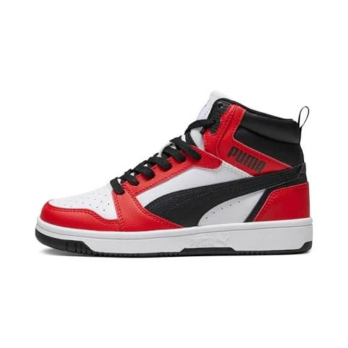 PUMA Unisex Kids Rebound V6 Mid Jr Sneaker, Puma White Puma Black for All Time Red, 4.5 UK
