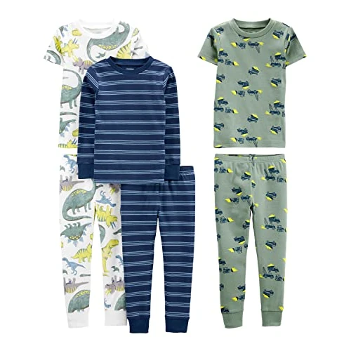 Simple Joys by Carter's Baby Boys' 6-Piece Snug-Fit Cotton Pyjama Set, Pack of 3, Blue Stripes/Green Construction/White Dinosaur, 12 Months