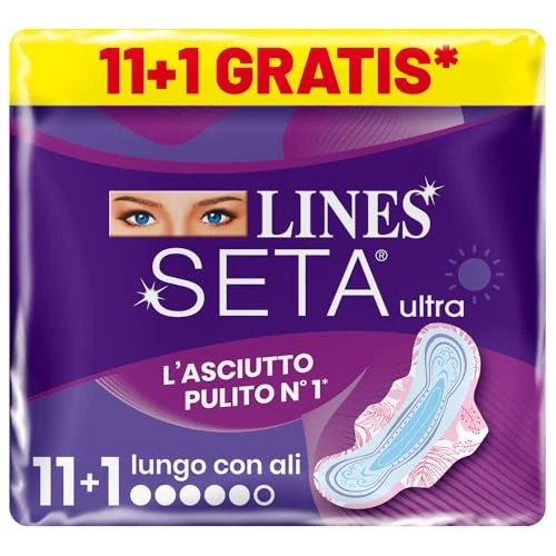 Offerta a tempo: Assorbenti LINES SETA ULTRA LUNGO con ali x12 per ciclo mestruale - 42% da 3.45 € a 1.99 €