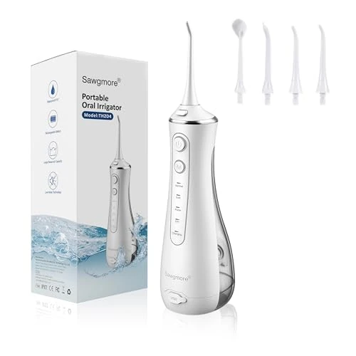 Oferta limitada: Sawgmore Irrigador Bucal Portatil, Irrigador Dental con 4 Modos y 4 Boquillas de Repuesto, Recargable por USB, Impermeable IPX7 Water Oral Flosser Limpieza Dientes Ideal para Viajes a Casa de 19.99 EUR a 16.99 EUR (ahorro 15%)