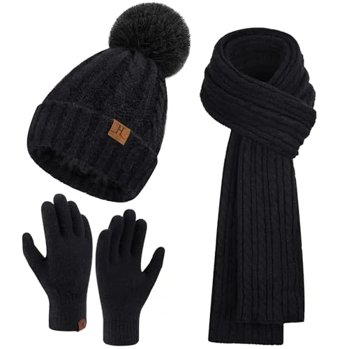 Tijdelijke aanbieding: Bequemer Laden Warme muts voor dames, beanie, touchscreen-handschoenen, sjaal, set met fleece gevoerd, pompon, wintermuts, lange wintersjaal, winterhandschoenen, zwart, One size van 37.84 EUR naar 37.84 EUR (korting 0%)