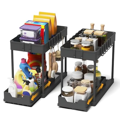Meltrck Under Sink Storage 2 Pack, 2 Tier Pull Out Cabinet Organizers for Kitchen, Bathroom Organization (Black,2 Pack)