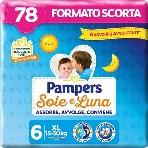 Pampers Sol y Luna Pañales Extralargos, Talla 6 (15-30 kg), 78 Pañales