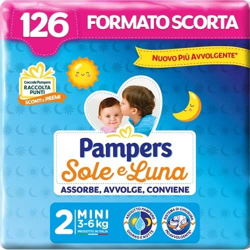 Offerta a tempo: Pampers Sole e Luna Mini, 126 Pannolini, Taglia 2 (3-6 kg) - 0.00% da 32.50 € a 32.50 €