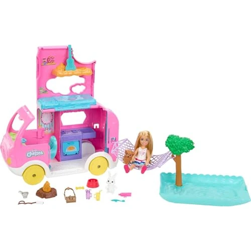 Limited offer: Barbie Camper, Chelsea 2-in-1 Playset with Small Doll, 2 Pets & 15 Accessories, Vehicle Transforms into Camp Site (Amazon Exclusive) from 37.86 EUR to 34.07 EUR (save 10%)