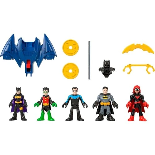 Imaginext DC Super Friends Bohaterowie vs Złoczyńcy Figurki 5-pak Zestaw zabawek dla przedszkolaków, 5 figurek do ustawiania w różnych pozach i 7 akcesoriów HML03
