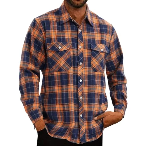 Halfword Checked Shirts Men Flannel Casual Plaid Shirts Cotton Button Down Long-Sleeve Loose-Fit Collared Autumn Winter Red Navy XXL