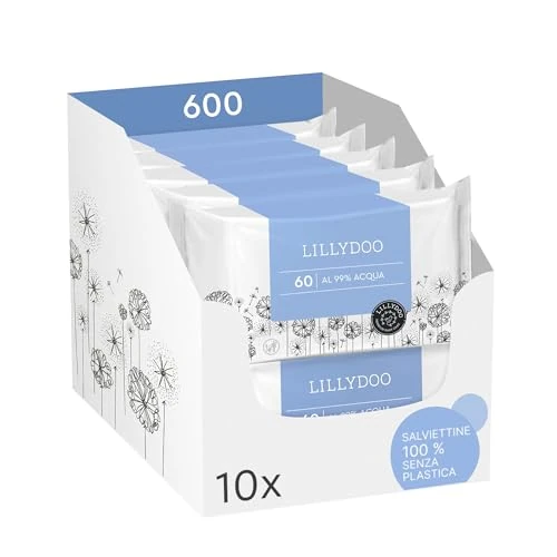 Lingettes LILLYDOO pour bébé faites à 99% d'eau, Lot de 10 x 60 (600 pièces), tissu 100% sans plastique, sans parfum et doux comme du coton et de l'eau