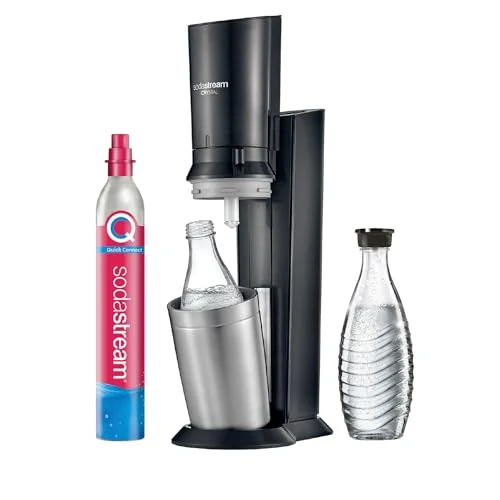 SodaStream Crystal 3.0 Carbonating Machine with Quick-Connect CO2 Cylinder | with 2 x 0.8 L Crystal Glass Bottles | Colour: Titanium