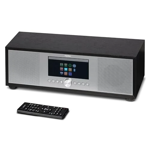 MEDION P66400 Sistema de Audio 2.1 All in One con Subwoofer (Radio por Internet, Dab+, CD, MP3, Spotify Connect, Amazon Music, Radio FM PLL, USB, AUX, función de Alarma, Temporizador de sueño) Plata