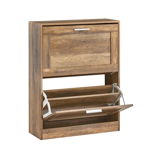 SoBuy Schuhschrank schmal Schuhkipper mit 2 Klappen – Platzsparendes Schuhregal geschlossen mit höhenverstellbaren Fächern – Für Flur, kleine Wohnungen – Vintage, 20kg Belastung， 60x79x23cm, FSR137-F