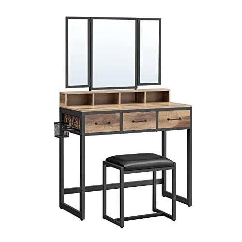 VASAGLE Tocador con Taburete Acolchado, tocador con Espejo Triple, 3 cajones, Soporte para secador de Pelo, Estilo cosmético, Industrial, marrón Roble/Negro RVT004B50