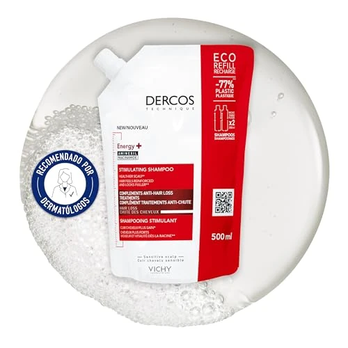 Vichy Dercos, Shampoo Energizzante Eco-Ricarica, Per Tutti i Tipi di Capelli, Azione Anti-Caduta, Capelli Sani e Forti, Arricchito con Aminexil e Niacinamide, 500 ml