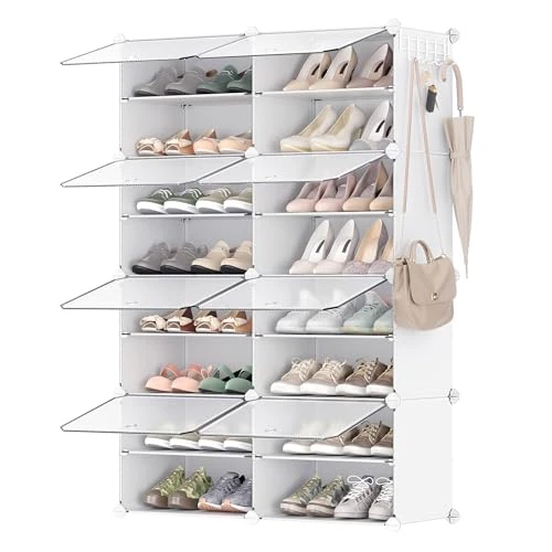 SONGMICS Mueble Zapatero Plástico, 8 Compartimentos para 32 Pares de Zapatos, con Puertas, Estructura de Acero y Estantes de Plástico, Armario para Dormitorio, Blanco Nube y Transparente LPC034W01