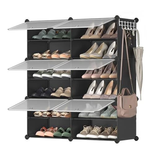 SONGMICS Mueble Zapatero Plástico, 6 Compartimentos para 24 Pares de Zapatos, con Puertas, Estructura de Acero y Estantes de Plástico, Armario para Dormitorio, Negro Tinta y Transparente LPC033B01