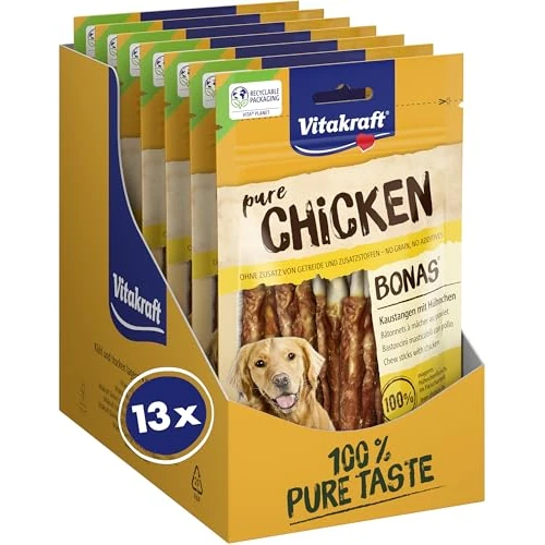 Offerta a tempo: Vitakraft Pure Chicken Bonas, snack cane, bastoncini da masticare con pollo, snack per l’addestramento del cane, senza zuccheri aggiunti (13x 80g) - 30% da 51.87 € a 36.51 €