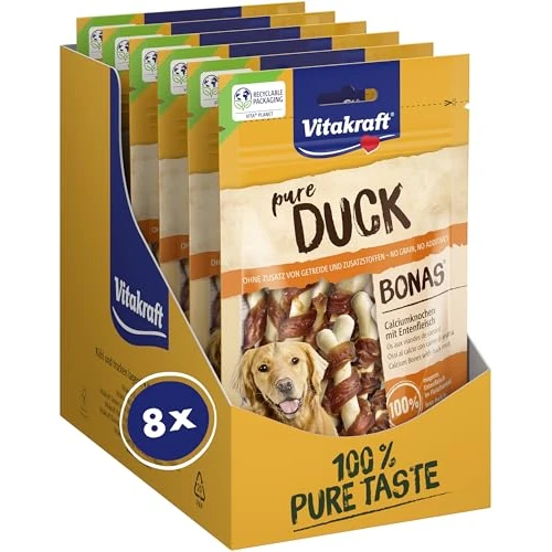 Vitakraft Pure Duck Bonas, golosinas para perros, huesos de calcio con carne de pato, golosinas de adiestramiento para perros, sin azúcar añadido (8x 80g)