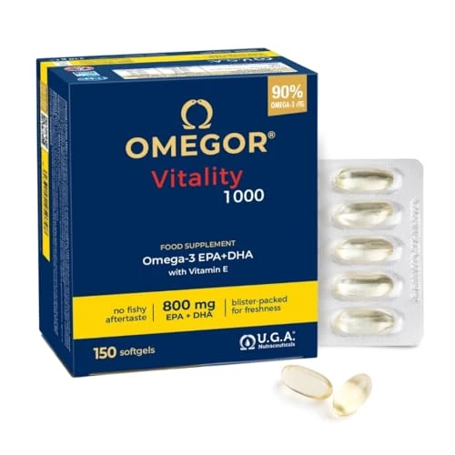 Omegor Vitality 1000 - Supplément avec 1000 mg d'oméga 3 - vitamine E - Pour votre cœur et votre cerveau - Concentration d'oméga 3 à 90% - 5-Star Certificat IFOS - Huile de poisson pure - 150 gélules