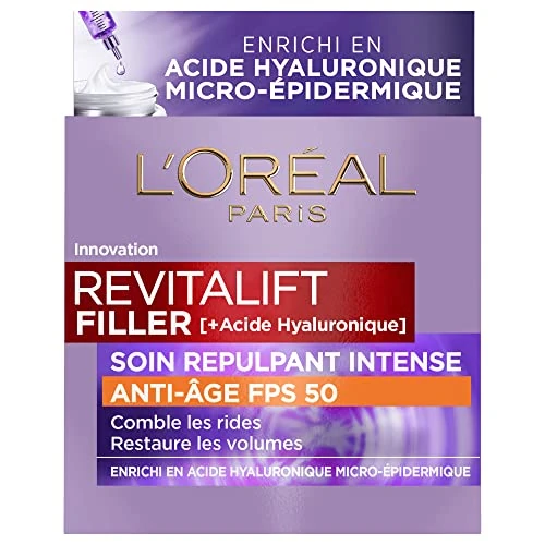 Offerta a tempo: L'Oréal Paris - Trattamento Repellente Intense Anti-Aging FPS 50 - Crema Giorno con Acido Ialuronico con Protezione UV - Rughe & Ridules - Per Tutti i Tipi di Pelle - Revitalift Filler - 50 ml - 4% da 21.09 € a 20.21 €
