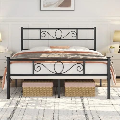 Yaheetech Double Bed Frame in Wrought Iron Slatted Slats 160 x 200 cm Elegant Metal Headboard Modern Rustic Style Black