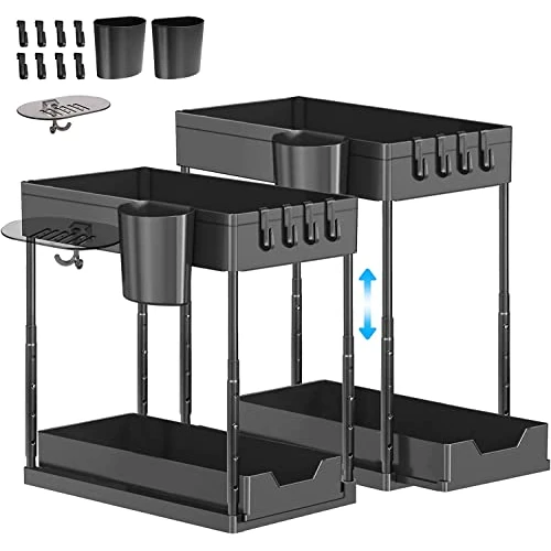 Offerta a tempo: Eufrozy Confezione da 2 Organizer Sottolavello a 2 Ripiani, Ripiani Sottolavello con 8 Ganci e 2 Tazze e 1 portasapone, Scaffale Multiuso Regolabile in Altezza per Cucina, Bagno, Nero - 20% da 49.99 € a 39.99 €