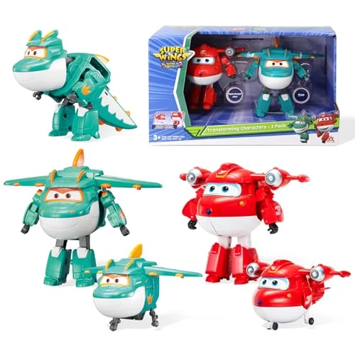 Super Wings 5" Transforming Characters 2-Pack Transforming Supercharged Jett + Tino, giocattolo Transformable per bambini e bambine di 3 anni e oltre