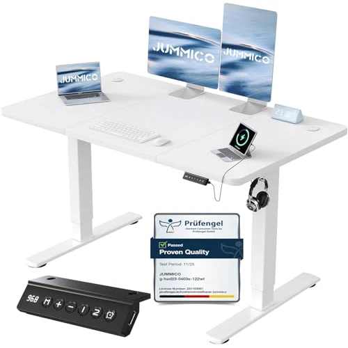 JUMMICO Elektrisch In Hoogte Verstelbaar Bureau met USB Oplaadpoort, Elektrisch Staand Bureau, 120 X 60 cm, Ergonomisch Bureau, Wit