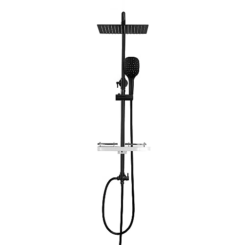 Görbach Shower System Shower Set without Shower Fitting Overhead Shower Set Matt Black Square (2020 MB + Shelf)