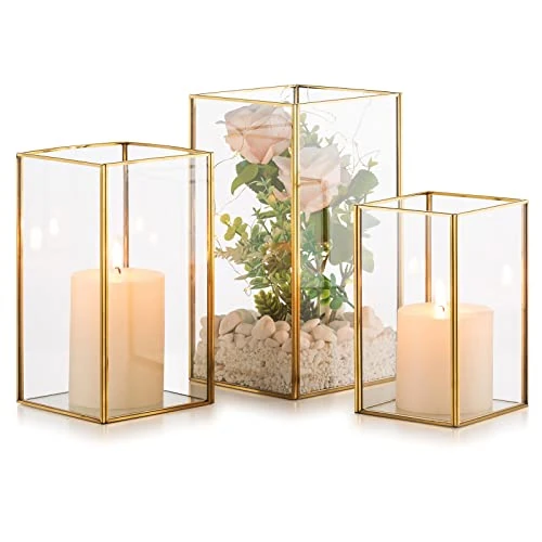 Limited-time offer: Nuptio Hurricane Candle Holder Glass - Set of 3 Decorative Candle Lantern for Pillar, Tempered Glass Candleholder Outdoor for Wedding Christmas Halloween Living Room Tabletop Fireplace Home Decor Gold from 35.98 GBP to 31.66 GBP (save 12%)
