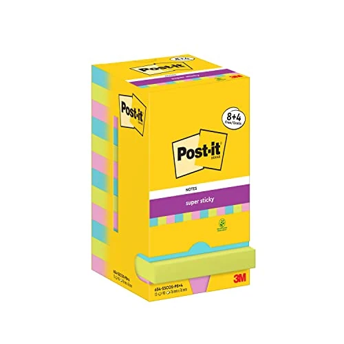 Offerta a tempo: Post-it Foglietti Super Sticky, Collezione Cosmic, Confezione da 8 blocchetti + 4 Gratis, 90 Fogli per blocco, 76 mm x 76 mm, Colori Turchese, Verde, Rosa. Per Appunti, Elenchi & Promemoria - 0.00% da 20.09 € a 20.09 €