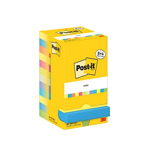 Oferta limitada: Post-it Notas Colección Energetic Color - Paquete de 8 Blocs + 4 Gratis, 100 Hojas por Bloc (76 mm x 76 mm) - Amarillo, Azul, Rosa y Verde - Adhesivas para Listas de Tareas y Recordatorios de 10.75 € a 10.75 € (ahorro 0.00%)