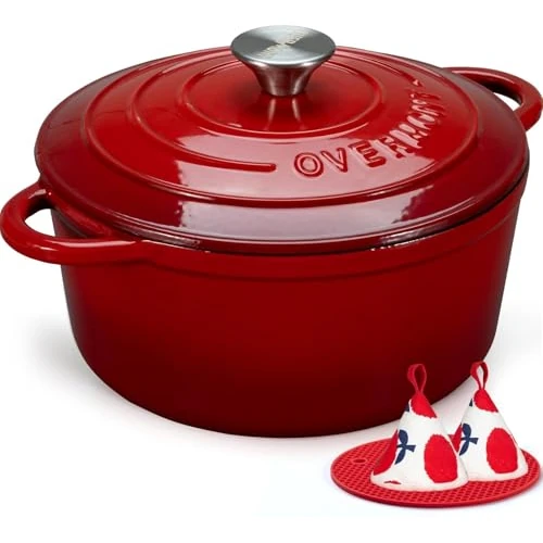Overmont Casseruola in Ghisa Smaltata - Antiaderente Forno Olandese con Coperchio - Ø26 CM Rotonda Cocotte per Adatto a Piani di Cottura e Forni a Induzione - Rosso
